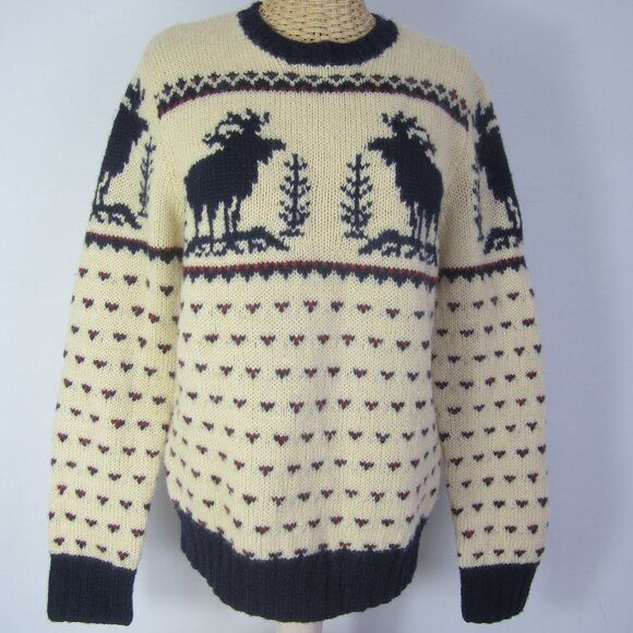 J Crew Womens Small Ivory Red Navy Reindeer Wool LS Sweater Crew Neck Hand Knit - Picture 1 of 11